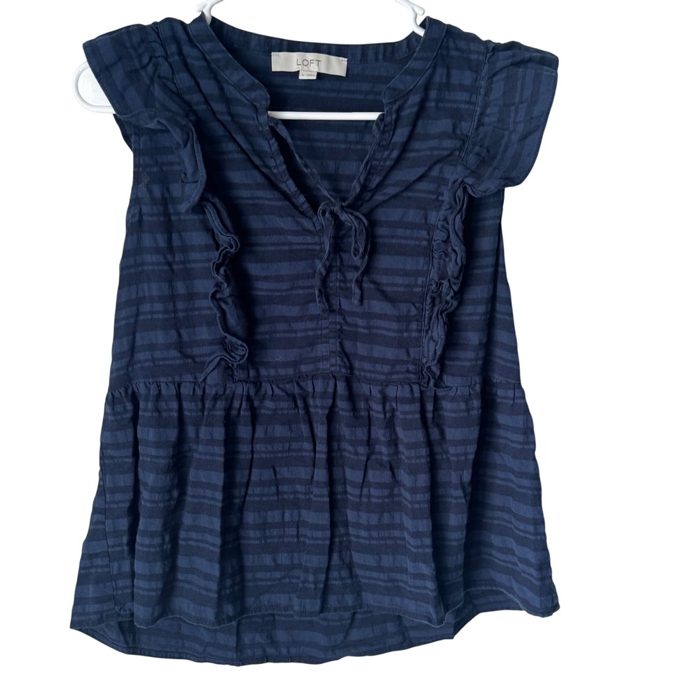 Loft Navy Blue Striped Ruffle Peplum Sleeveless Tie Neck Blouse Small